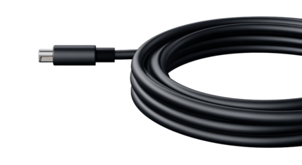 Black Coiled HDMI Cable with Silver Connector on White Background