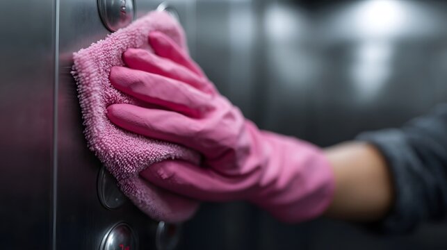 Hand in pink glove meticulously cleans elevator buttons with a soft microfiber cloth highlighting public hygiene practices