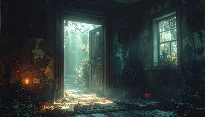 Abandoned House Interior Sunlight Path.