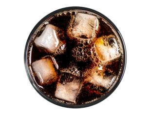 Top-down view of a glass of soda with ice