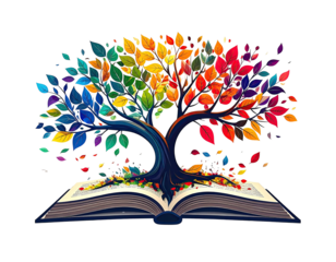 Colorful tree emerging from an open book