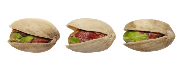 Set pistachios dry-fried and salted isolated on white background, clipping path