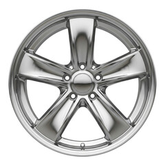 Polished chrome five spoke wheel isolated on transparent background for car or truck