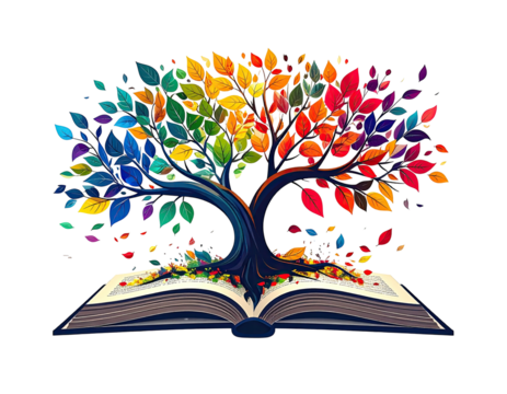 Colorful tree emerging from an open book