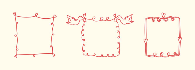 Hand Drawn Whimsical borders. Coquette elegant frames with bows, ribbons. Cute french frame set for Valentine Day, wedding, birthday invitation, poster, menu, banner. Trendy doodle isolated vector ill
