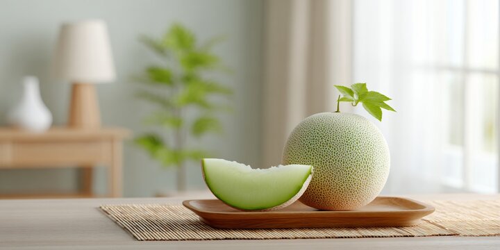 8k ultra detailed Japanese Yubari melon slice with vibrant colors on a wooden tray in serene interior.