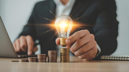 Bright Idea in Hand, Businessman with Glowing Lightbulb & Coins, Symbolizing Innovation, Investment & Financial Success.