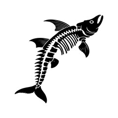 Obraz premium A striking black and white linocut style illustration of a fish skeleton leaping upwards with its mouth open showcasing intricate bone detail against a clean white background evoking a sense of moveme