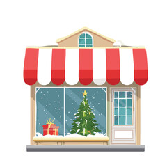 Illustration of a storefront decorated for Christmas, featuring a tree, gift, and snow-covered window, under a striped awning.