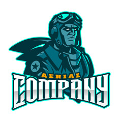 Aerial Company Pilot Logo – Vintage Aviation Emblem with Aircraft Silhouette and Bold Typography | Teal and Orange Military-Style Branding for Flight Crew or Air Force Identity