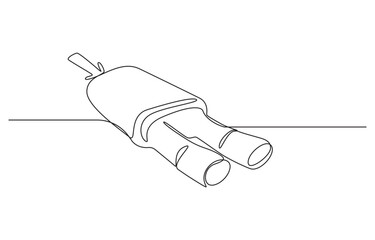 Car exhaust continuous one line art drawing vector illustration,car exhaust pipe and catalytic converter system one line art,Continuous Line Drawing of a Car Exhaust Muffler