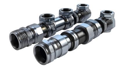 Close-up of polished metal plumbing components