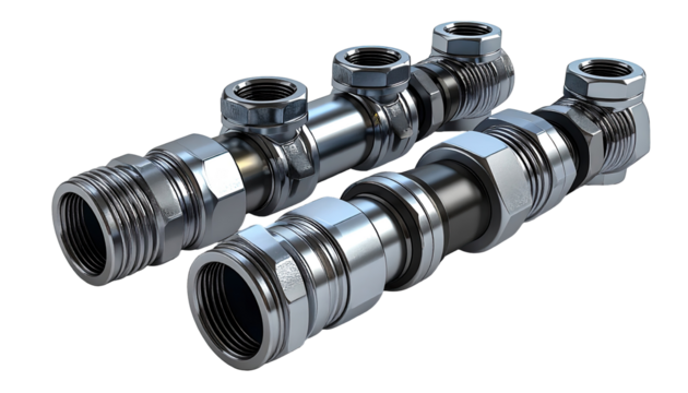 Close-up of polished metal plumbing components