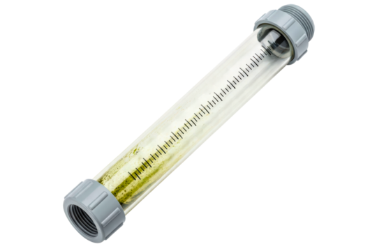 Dirty inline water flow meter with algae and sediment buildup isolated with transparent background