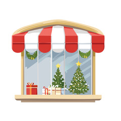 A cartoon vector illustration of a shop window facade with red flowers and birds, perfect for a cafe or store design