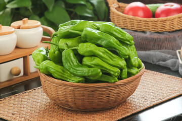 Fresh Green Tiger Skin Peppers in Wicker Basket - Asian Hunan Cuisine Vegetables