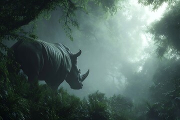 Majestic rhino stands guard in lush green jungle, perfect for conservation campaigns or nature documentaries that need a dramatic wildlife scene today