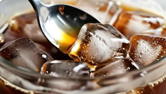 A close-up of ice cubes floating in a beverage being stirred with a metal spoon