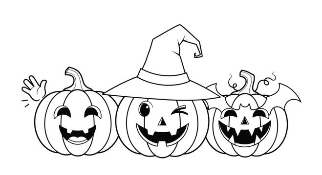 Three smiling pumpkins wearing a witch hat.
