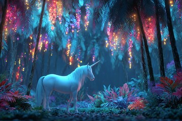 Enchanting unicorn standing serenely in a magical forest with glowing lights and vibrant tropical flora for fantasy adventure or mystical story telling