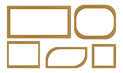 Set of five different wooden picture frames isolated on white background