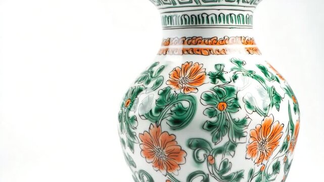 A decorative white vase with vibrant orange and green patterns