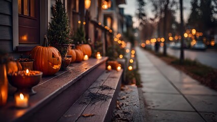Create a warm autumn welcome with glowing pumpkins, candlelight, and festive outdoor decor for a cozy Halloween or Thanksgiving celebration