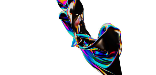 Dynamic 3D rendered illustration of a swirling metallic fluid with rainbow holographic reflections on a white backdrop. Perfect for abstract des