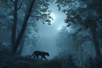 Majestic panther prowls under a stunning moonlit forest in this enchanting scene, perfect for fantasy novels and conservation campaigns alike
