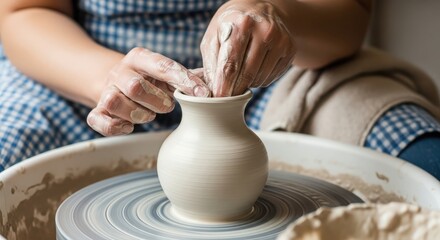 Close up of a potter shaping a vase on a spinning pottery wheel