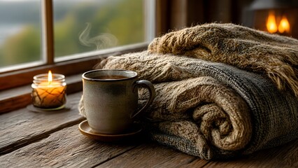 Enjoy a cozy autumn morning with steaming coffee and a warm blanket by the window, creating a peaceful and relaxing moment to cherish