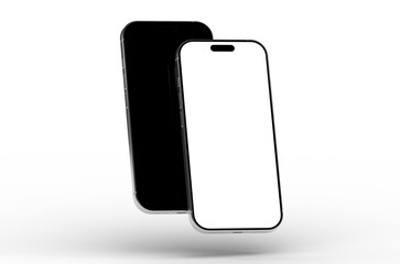 High-quality mockup of two smartphones, one with a black screen and one with a white screen, perfect for app presentations or technology websites.