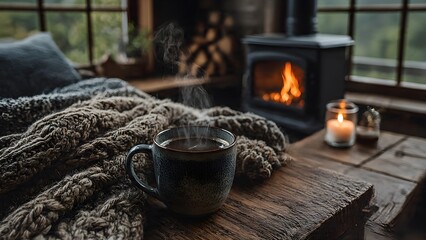 Enjoy steaming coffee by a cozy fireplace with a flickering candle and soft blanket on a rainy day getaway, perfect for relaxation and comfort