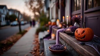 Spooky Halloween porch decor with glowing pumpkins and eerie candles creates a captivating holiday scene, perfect for seasonal celebrations and festive designs