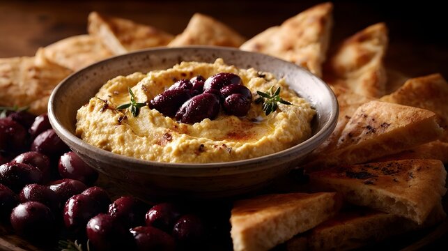 Creamy hummus served in a rustic bowl with olives and pita bread on a platter