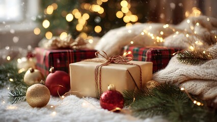 Elegant Christmas presents with ornaments and festive lights creating warm holiday atmosphere, perfect for cozy winter celebrations and seasonal promotions