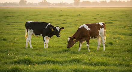 Two calves grazing in meadow