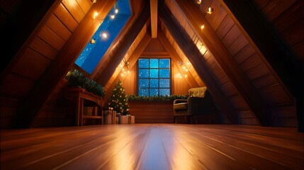 Cozy attic decorated for the holidays with a Christmas tree, presents, and warm lights illuminating the space