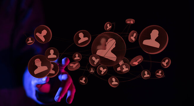 Digital network illustration showcasing user profile connections, perfect for social media, tech, and networking concept. Emphasizes digital com