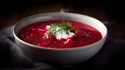 A close up view of a steaming bowl of hearty red borscht soup garnished with a dollop of sour cream and fresh dill sprigs