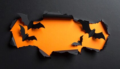 A creative Halloween-themed paper background featuring an orange torn opening with black paper bats appearing to fly out of the hole, a playful design perfect for spooky creative projects