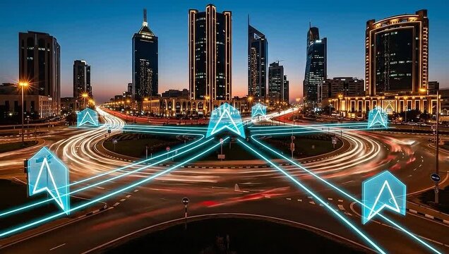 Cityscape featuring buildings, a multi-lane road with light trails, and digital illuminated symbols