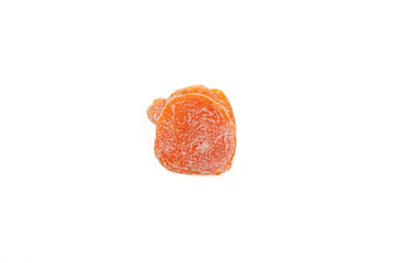 Dried Orange Fruit Slices with Sugar Coating Sweet Preserved Snack on White Background