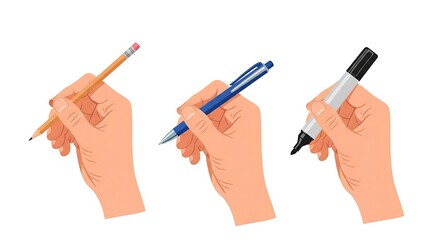 A set of three illustrated hands, each holding a different writing instrument: a pencil, a pen, and a marker.