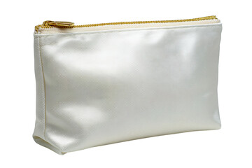 Elegant pearly satin pouch with oversized golden zipper pull, refined textile details and soft fold, isolated on transparent background.
