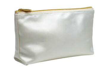 Elegant pearly satin pouch with oversized golden zipper pull, refined textile details and soft fold, isolated on transparent background.
