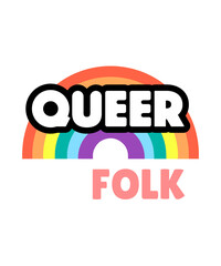 Queer Pride Logo with Rainbow Arc – Bold LGBTQ+ Inclusive Design Celebrating Diversity, Equality, and Self-Expression through Colorful Typography and Symbolic Folk Art for Pride and Queer Identity