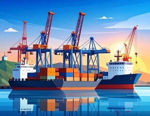 Vibrant Cargo Ship and Cranes at a Busy Port During Sunset