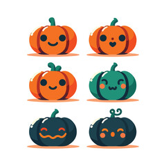 Adorable Halloween Pumpkin Characters in Cute Cartoon Style Vector