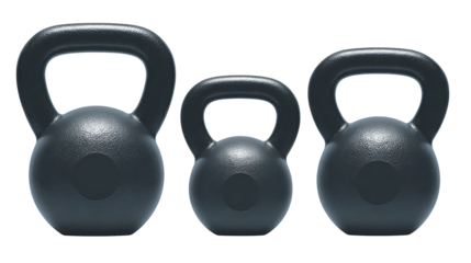 Set of three kettlebell silhouettes in varying sizes, charcoal fill with subtle inner cutout and rounded thick handles, isolated on transparent background.